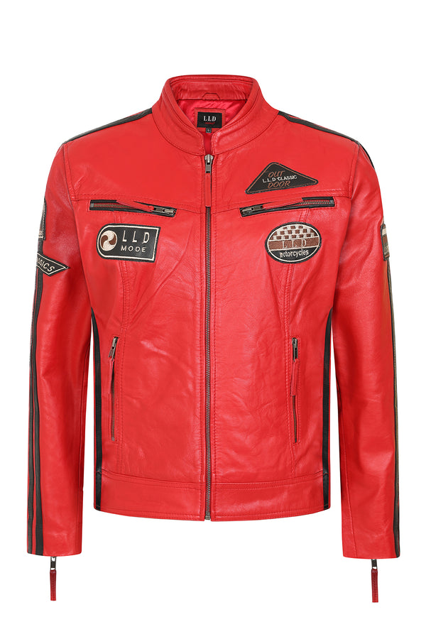 Women's red leather racing style jacket with black stripes by LLD Original, available in sizes 8 to 16.